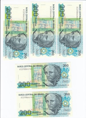 Brazil 200 Cruzeiros ND (1990)- Consecutive numbers (5)