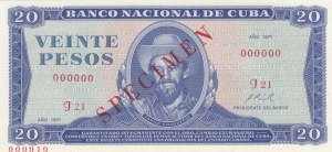 Cuba 20 Pesos 1971 Specimen