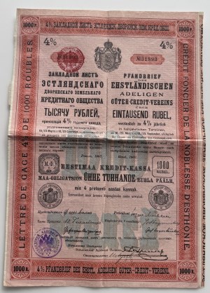 Estonia (Russia) Estonian Credit Land Bank Bond for One Thousand Rubles, Reval, 1902