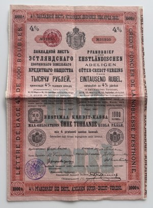 Estonia (Russia) Estonian Credit Land Bank Bond for One Thousand Rubles, Reval, 1902