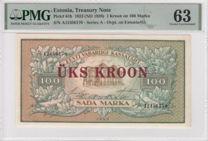 Estonia 1 Kroon on 100 Marka 1923 (ND 1928) - PMG 63 Choice Uncirculated