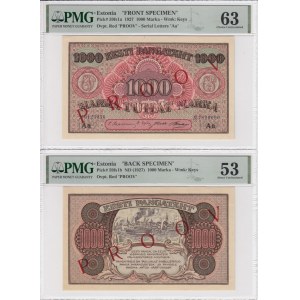 Estonia 1000 Marka 1927 - BACK & FRONT SPECIMEN - PMG 53 About Uncirculated & 63 Choice Uncirculated (2)