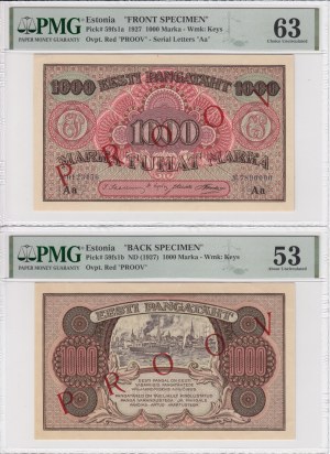 Estonia 1000 Marka 1927 - BACK & FRONT SPECIMEN - PMG 53 About Uncirculated & 63 Choice Uncirculated (2)
