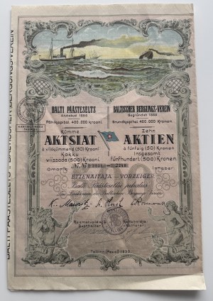 Estonia. Baltic Rescue Society — 10 Shares of 50 Kroons Each (Total 500 Kroons), Tallinn (Reval), 1930