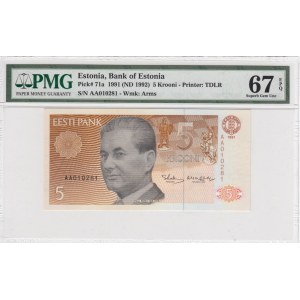 Estonia 5 Krooni 1991 (ND 1992) - PMG 67 EPQ Superb Gem Unc