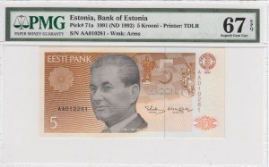 Estonia 5 Krooni 1991 (ND 1992) - PMG 67 EPQ Superb Gem Unc