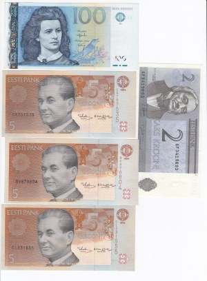 Estonia 2 Krooni 1992, 5 Krooni 1994 x3, 100 Krooni 1999 (5)