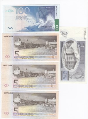 Estonia 2 Krooni 1992, 5 Krooni 1994 x3, 100 Krooni 1999 (5)