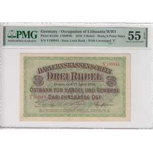 Germany (Occupation of Lithuania WWI, Posen) 3 Rubel 1916 - PMG 55 EPQ About Uncirculated