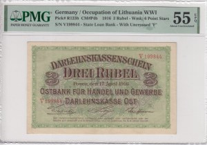 Germany (Occupation of Lithuania WWI, Posen) 3 Rubel 1916 - PMG 55 EPQ About Uncirculated