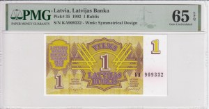 Latvia (Latvijas Banka) 1 Rublis 1992 - PMG 65 EPQ Gem Uncirculated