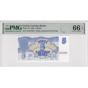 Latvia (Latvijas Banka) 5 Rubli 1992 - PMG 66 EPQ Gem Uncirculated