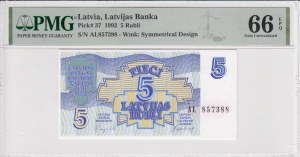 Latvia (Latvijas Banka) 5 Rubli 1992 - PMG 66 EPQ Gem Uncirculated