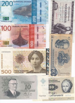 Group of Banknotes: Denmark, Finland, Faeroe Islands, Norway (7)