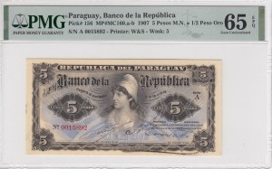 Paraguay (Banco de la Republica) 5 Pesos M.N. = 1/2 Peso Oro 1907 - PMG 65 EPQ Gem Uncirculated