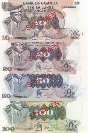 Uganda 10- 100 Shillings 1973 (4) Specimens