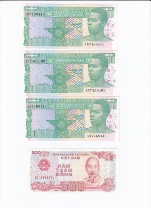 Group of Banknotes: Zambia, India, Ghana, North-Korea, Viet Nam (South), Viet Nam (16)