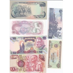 Group of Banknotes: Zambia, India, Ghana, North-Korea, Viet Nam (South), Viet Nam (16)