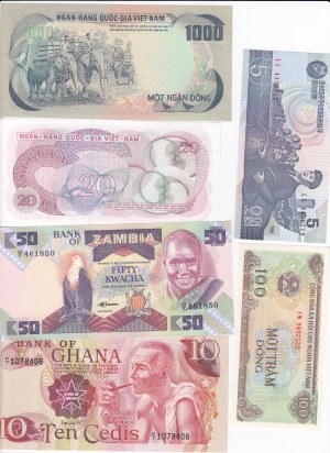 Group of Banknotes: Zambia, India, Ghana, North-Korea, Viet Nam (South), Viet Nam (16)