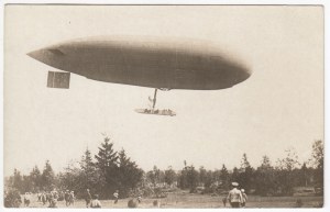 Russian Empire Photocard - Military Zeppelin in Flight Over Forest with Officers, ca. 1910s
