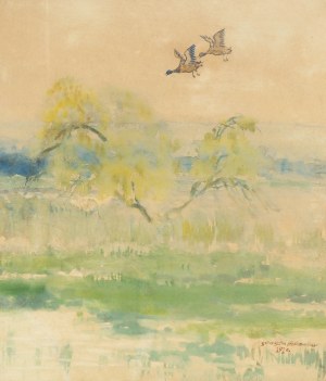 Stanislaw Maslowski (1853 Wlodawa - 1926 Warsaw), Ducks over the wetlands, 1920.