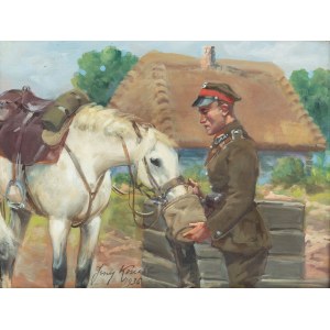Jerzy Kossak (1886 Kraków - 1955 tamże), Ułan pojący konia, 1936 r.