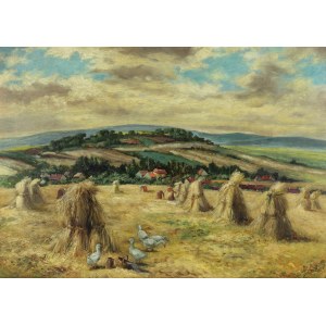 Antoni Procajłowicz (1876 Rodatycze/Galicja - 1949 Kraków), Pejzaż z gęsiami na ściernisku