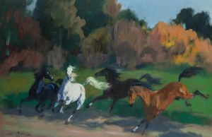 Jozef Korolkiewicz (1902 -1988), Four horses at a gallop, 1957.