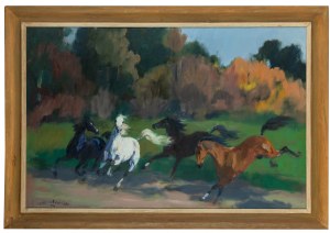 Jozef Korolkiewicz (1902 -1988), Four horses at a gallop, 1957.
