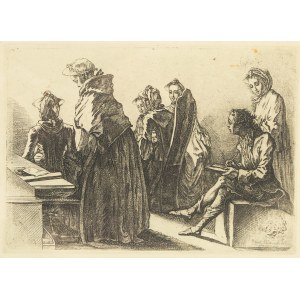Daniel Mikołaj Chodowiecki (1726 Gdańsk - 1801 Berlin), Towarzystwo sześciu dam z artystą w pokoju, 1758 r.