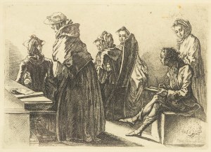 Daniel Mikołaj Chodowiecki (1726 Gdańsk - 1801 Berlin), Society of six ladies with an artist in the room, 1758.