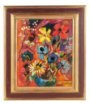 Ludwik Klimek (1912 Skoczów - 1992 Nice), Flowers in a vase on an orange background