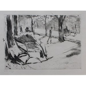 Lesser Ury, Mężczyzna w kapeluszu czytający gazetę w Tiergarten, 1922