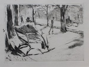 Lesser Ury, Man in hat reading newspaper in Tiergarten, 1922