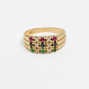Gold 585/14K ring with Rubies, Emeralds, Sapphires and 0.06 Ct Diamonds
