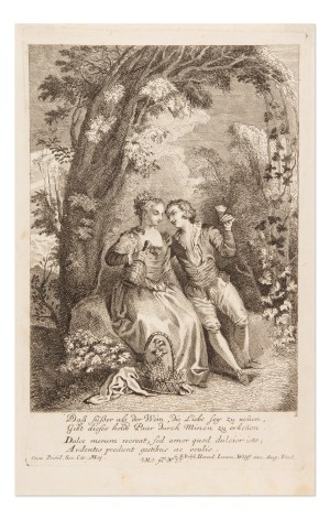AUGUSTE PEQUEGNOT (FRANCE / FRENCH 1819 - 1879) - A couple in love drinking wine (after Watteau)