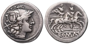 Anonymous, Denarius, Rome, 206-195 BC; AR (3,94 g; 19 mm; 9 h)