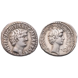 Mark Antony and C. Caesar Octavian with M. Barbatius, Denarius, Mint moving with M. Antonius, 41 BC; AR (3,65 g; 19,2 mm; 12 h)
