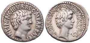 Mark Antony and C. Caesar Octavian with M. Barbatius, Denarius, Mint moving with M. Antonius, 41 BC; AR (3,65 g; 19,2 mm; 12 h)