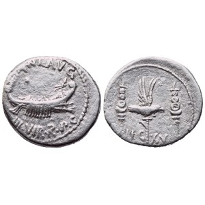 Markus Antonius, denár, vojenská mincovňa pohybujúca sa s Markom Antoniom (Patrae?), 32-31 pred Kr.; AR (3,28 g; 18,2 mm; 6 h)