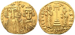 Constans II (641-668) with Constantine IV, Heraclius, and Tiberius, Solidus; Constantinople mint; AV (4,43 g; 19,5 mm; 6 h)