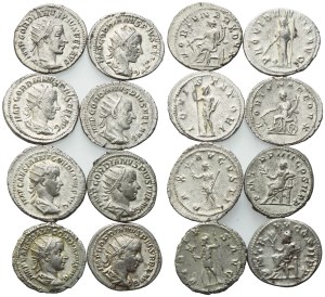 Lot of 8 Roman AR coins to be catalogued. Lot to be sold as is, no returns.