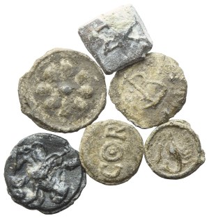 Lot of 6 lead tesserae. Lot to be sold as is, no returns.