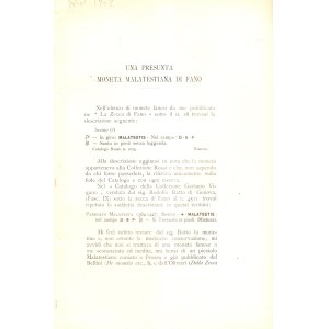 CASTELLANI G. - Una presunta moneta malatestina di Fano. Milano, 1902. pp 201-203. Brossura ed. buono stato.