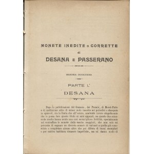 GRILLO G. - Monete inedite o corrette di Desana e Passerano. Milano, 1907. pp. 16, tavv. 4. brossura ed. sciupata, interno buono stato, molto raro.