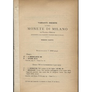 GRILLO G. - Varianti inedite all'opera Monete di Milano dei Fratelli Gnecchi, appartenenti alla collezione Guglielmo Grillo di Milano. Milano, s.d. edizione di 50 esemplari num. pp. 19. brossura ed,
