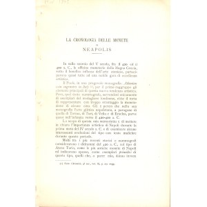 SAMBON Arturo - La cronologia delle monete di Neapolis. Milano, 1902. pp 119-137. tavole 1 + illustrazioni nel testo. Brossura ed. buono stato, molto raro e importante.