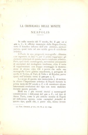SAMBON Arturo - La cronologia delle monete di Neapolis. Milano, 1902. pp 119-137. tavole 1 + illustrazioni nel testo. Brossura ed. buono stato, molto raro e importante.