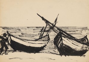 Barbara Jonscher (1926-1986), Łodzie rybackie na plaży, lat 50-te XX w.