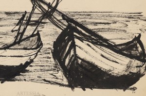 Barbara Jonscher (1926-1986), Łodzie rybackie na plaży, lat 50-te XX w.